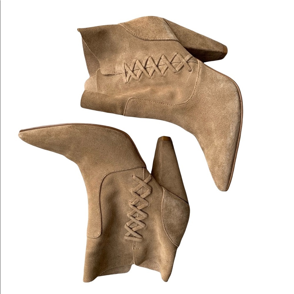 Zara Woman Suede Leather Lace Up Pointy Toe Heeled Booties Tan Cognac Size 39/9
